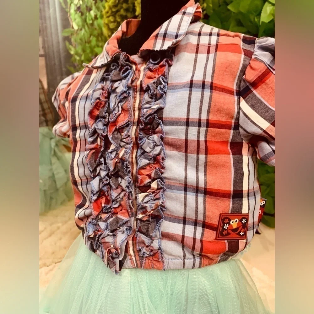 Vintage 2002 Sesame Street Elmo Plaid Ruffle Blouse Baby 18M